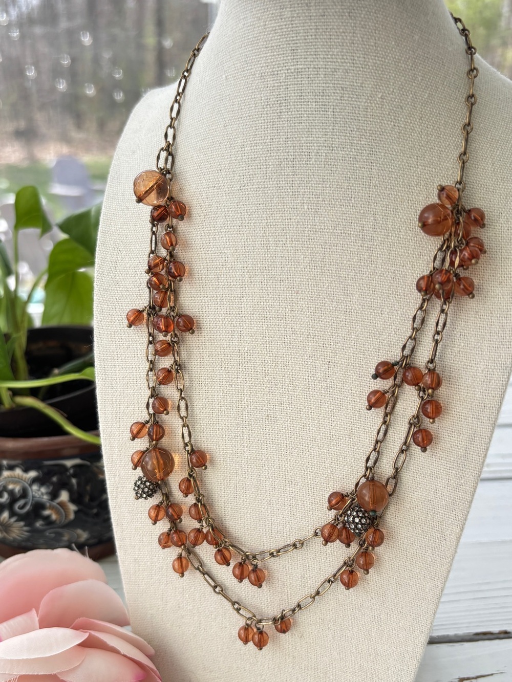 J Crew Style Amber Bead Double Strand Necklace